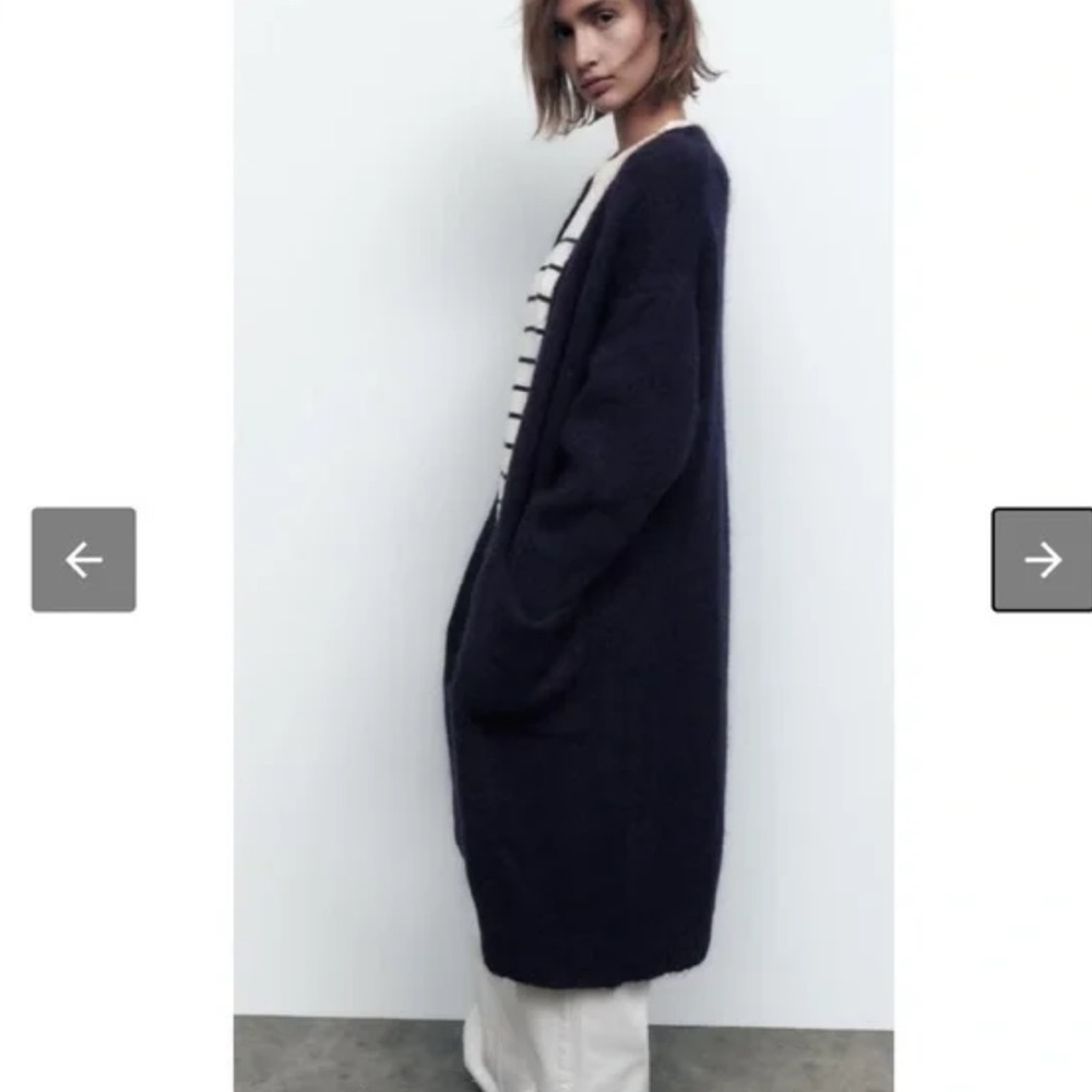 Zara Long Patch Pocket Cardigan Navy Sz M/L - Picture 5 of 12
